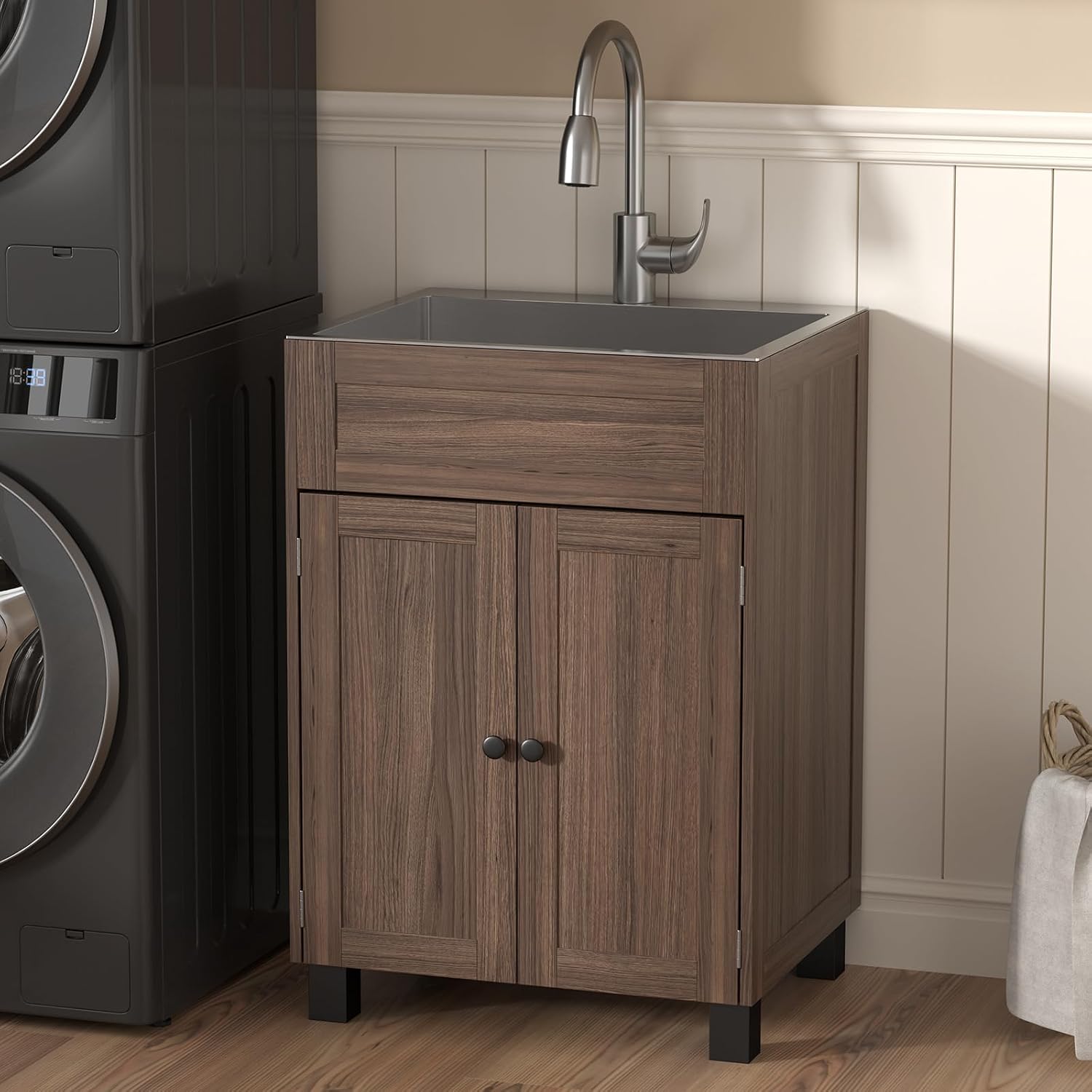 VINGLI's 24-Inch Laundry Sink comes with a pull-out sprayer faucet and Brown cabinet. This stainless steel utility sink with cabinet is ideal for laundry and utility rooms, kitchens