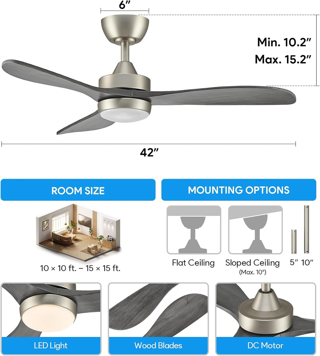 VONLUCE Wood Ceiling Fan with Lights, 42 Inch Ceiling Fan and Remote, 6-Speeds Quiet Reversible DC Motor, 3CCT, 3 Blades Outdoor Ceiling Fan for Patios Farmhouse, Nickel