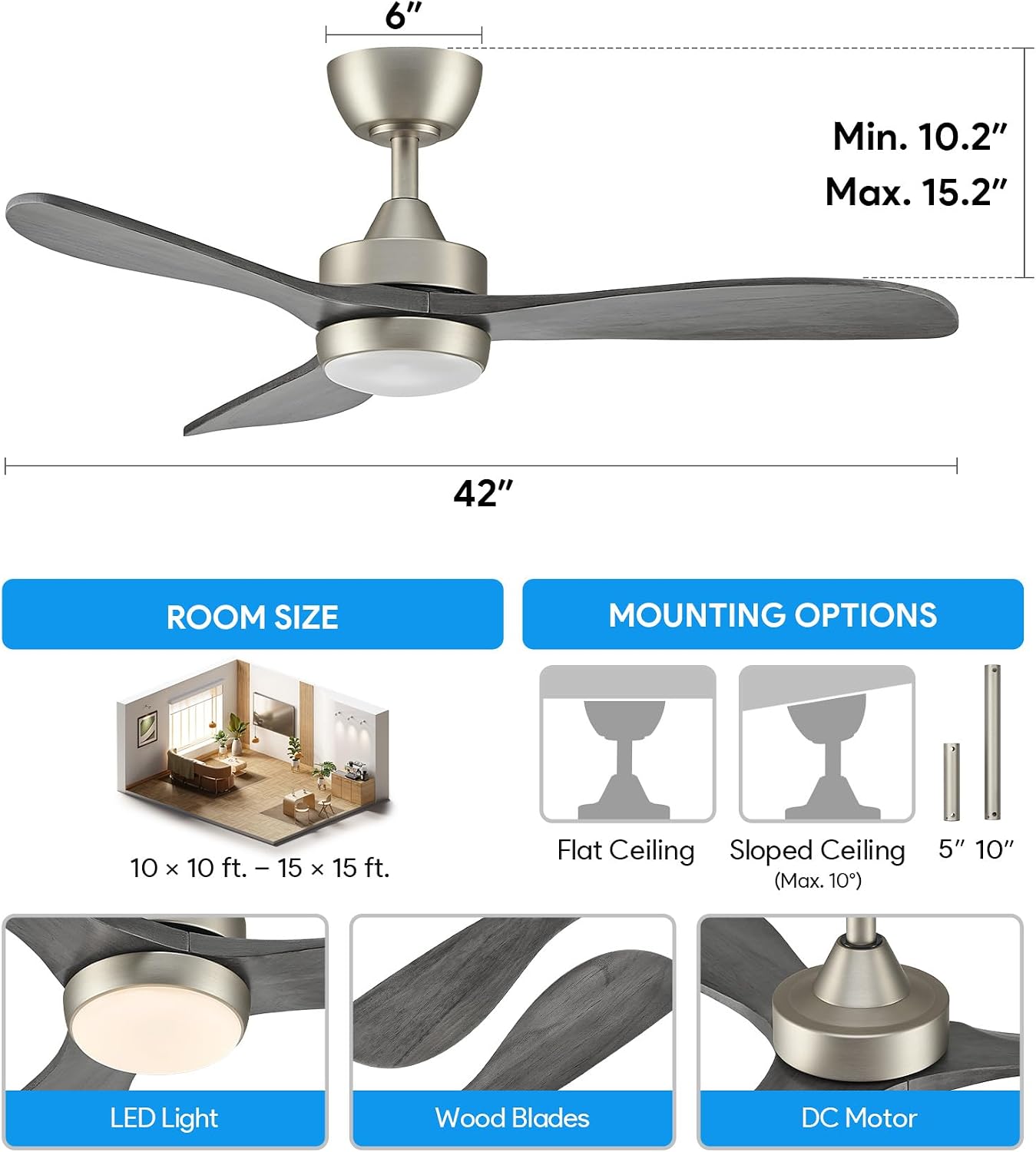 VONLUCE Wood Ceiling Fan with Lights, 42 Inch Ceiling Fan and Remote, 6-Speeds Quiet Reversible DC Motor, 3CCT, 3 Blades Outdoor Ceiling Fan for Patios Farmhouse, Nickel