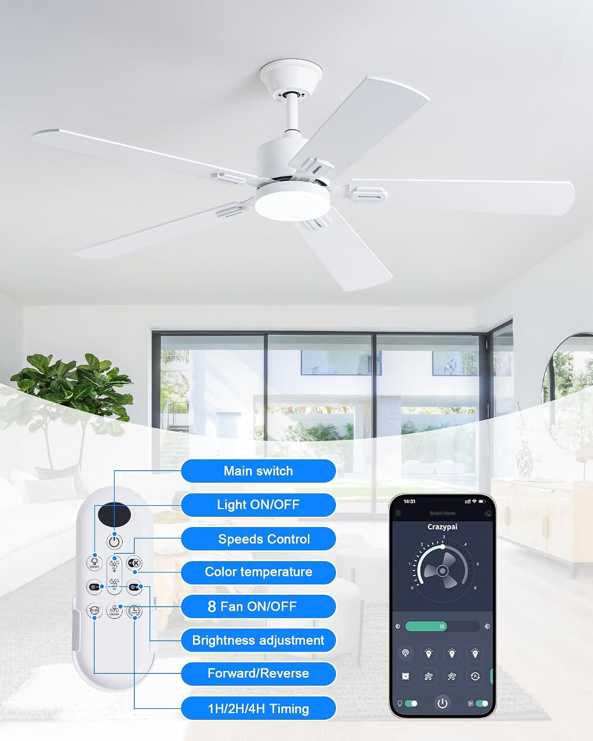Coolwind 56 Inch White Bedroom Ceiling Fan with Display Remote/APP Control, Quiet Ceiling Fan with Light with 8 Speeds & 3CCT, Dimmable, Timer, DC Reversible Motor for Indoor/Ourdoor