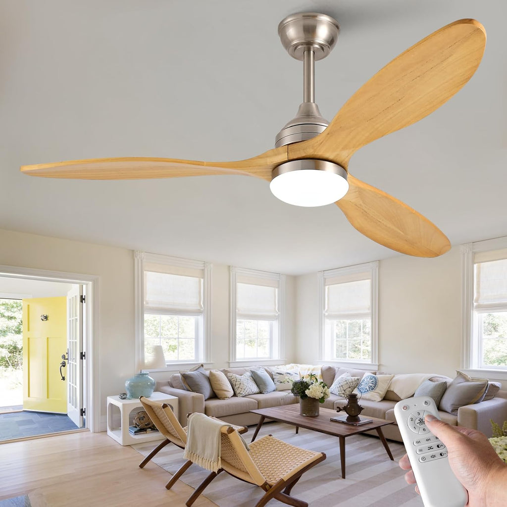 52 Inch Solid Wood Outdoor Ceiling Fans with Lights and Remote,3 Natural Wood Blades,Dimmable,6 Speed Quiet DC Motor, Indoor Outdoor Ceiling Fan for Patios Bedroom Living Room