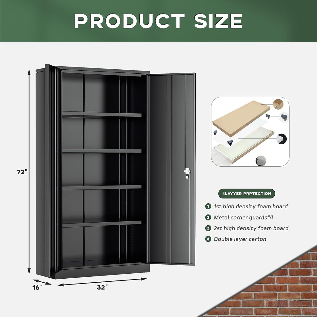 Greenvelly Metal Garage Storage Cabinet with Doors and Adjustable Shelves,72' Black Steel Lockable File Cabinet for Home Office,Garage,School(16' D x 32' W)