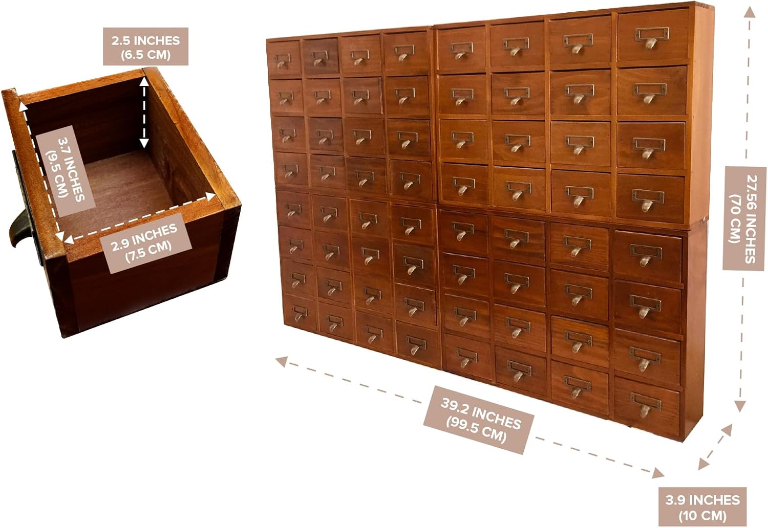 Huge Modular Stackable Against Wall 64-Drawer Apothecary Curio Cabinet Vintage Wood - Card Catalog Library Desk Storage Box Drawer w/ Label Holders Handles - Multi Level Countertop and Craft Organizer