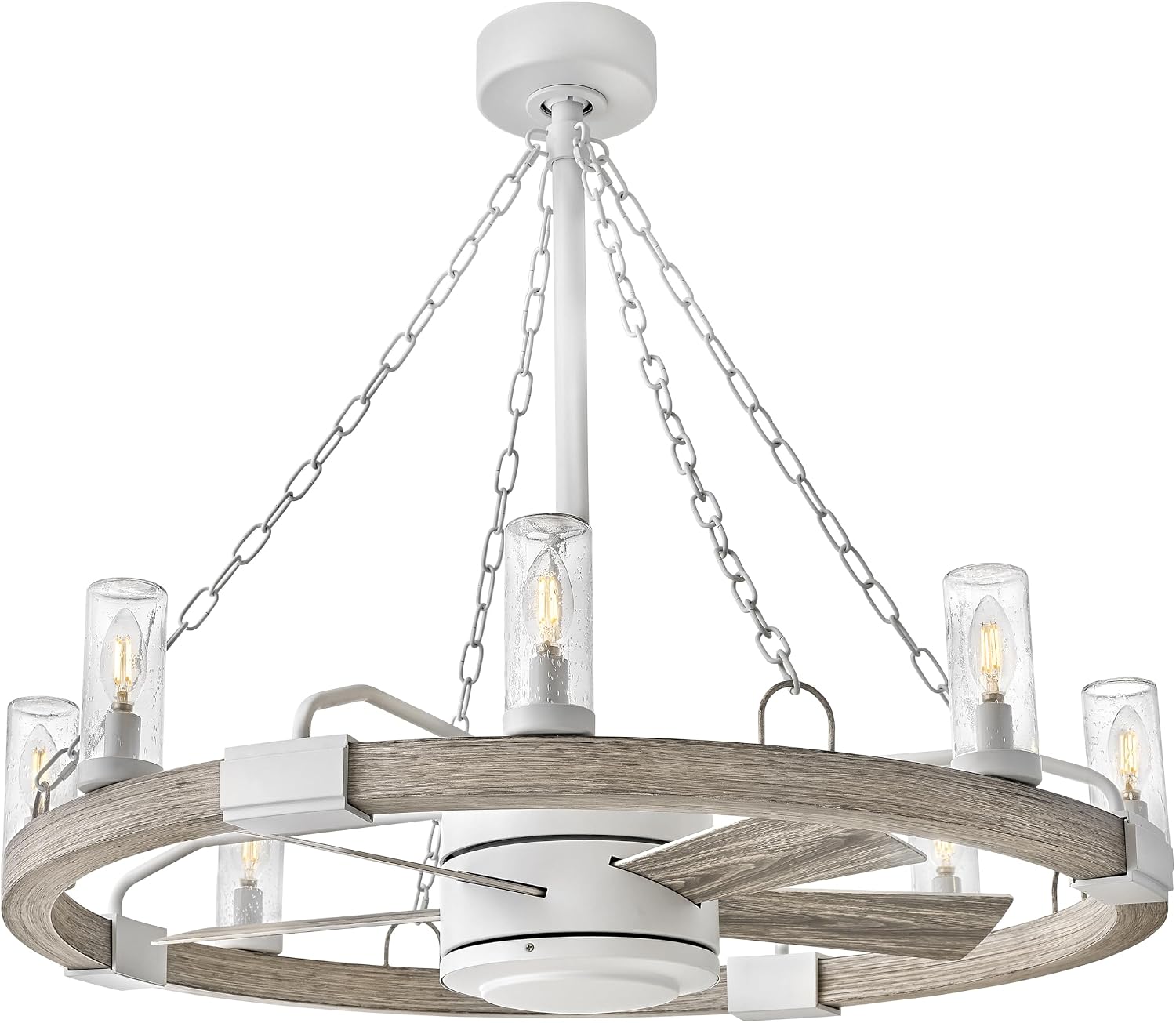 Hinkley Sawyer 36' LED Indoor/Outdoor Smart Fandelier, Rustic Western style, Multiple Down Rods, 16' blade sweep, Matte White and Weathered Wood