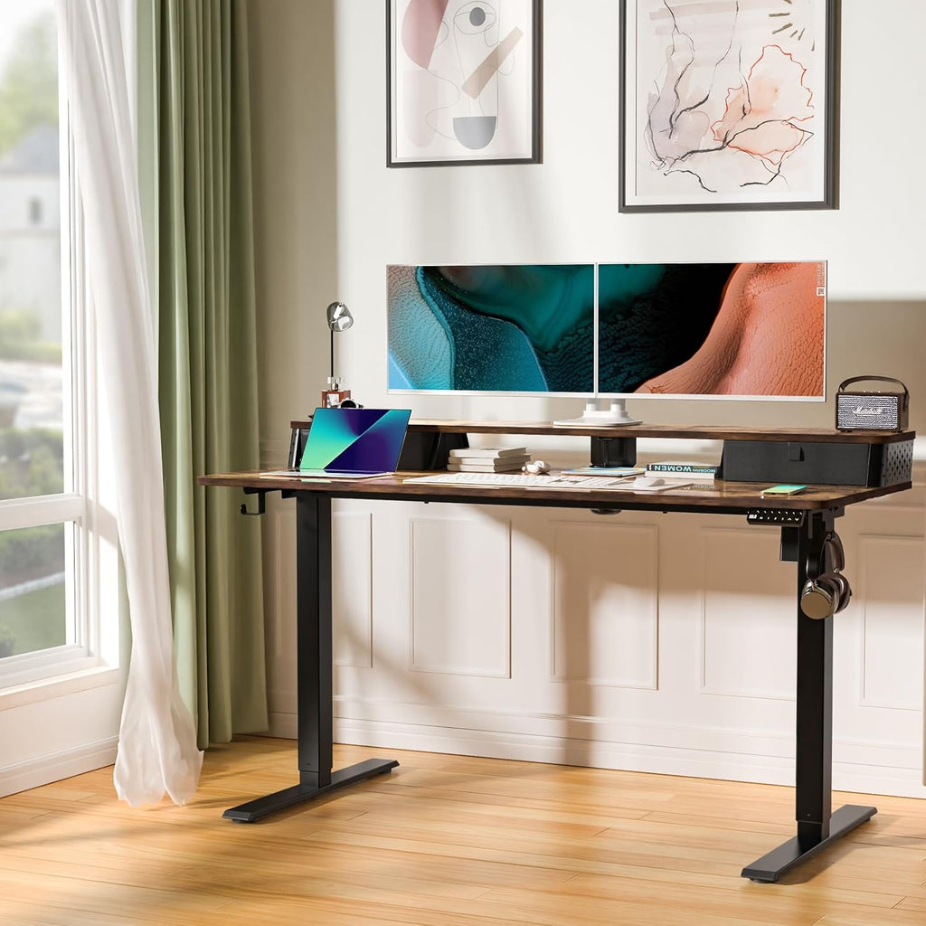 Electric Standing Desk with Two Drawers,55 x 24 Inch Sit Stand Desk Adjustable Height, Stand Up Desk with Storage Shelf, Computer Workstation for Home Office, Rustic Brown