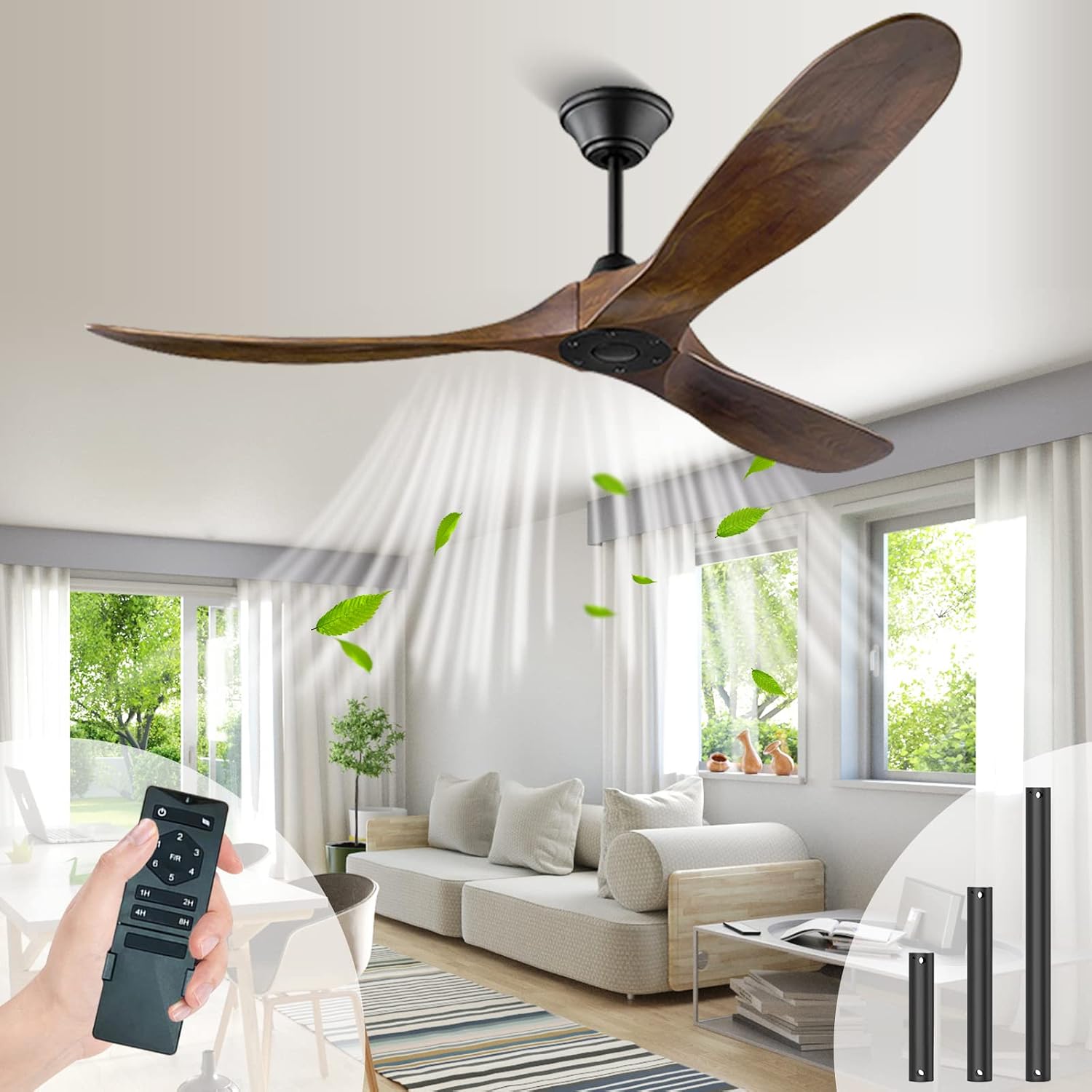 60 inch Ceiling Fan No Light, Outdoor Ceiling Fans for Patios, Wood Ceiling Fan with Remote Control, 3 Blade Propeller Fan, 6 Speed Noiseless Reversible Dc Motor, Indoor Outdoor Fan