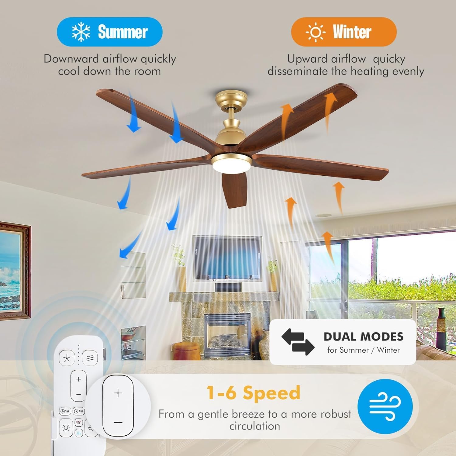 52 Inch Wood Gold Ceiling Fan with Light Remote, 5 Walnut Blades, Indoor Outdoor High CFM Propeller Damp Rated, Quiet Reversible DC Motor, for Modern Farmhouse Outside Patios Porch, 3 Downrods