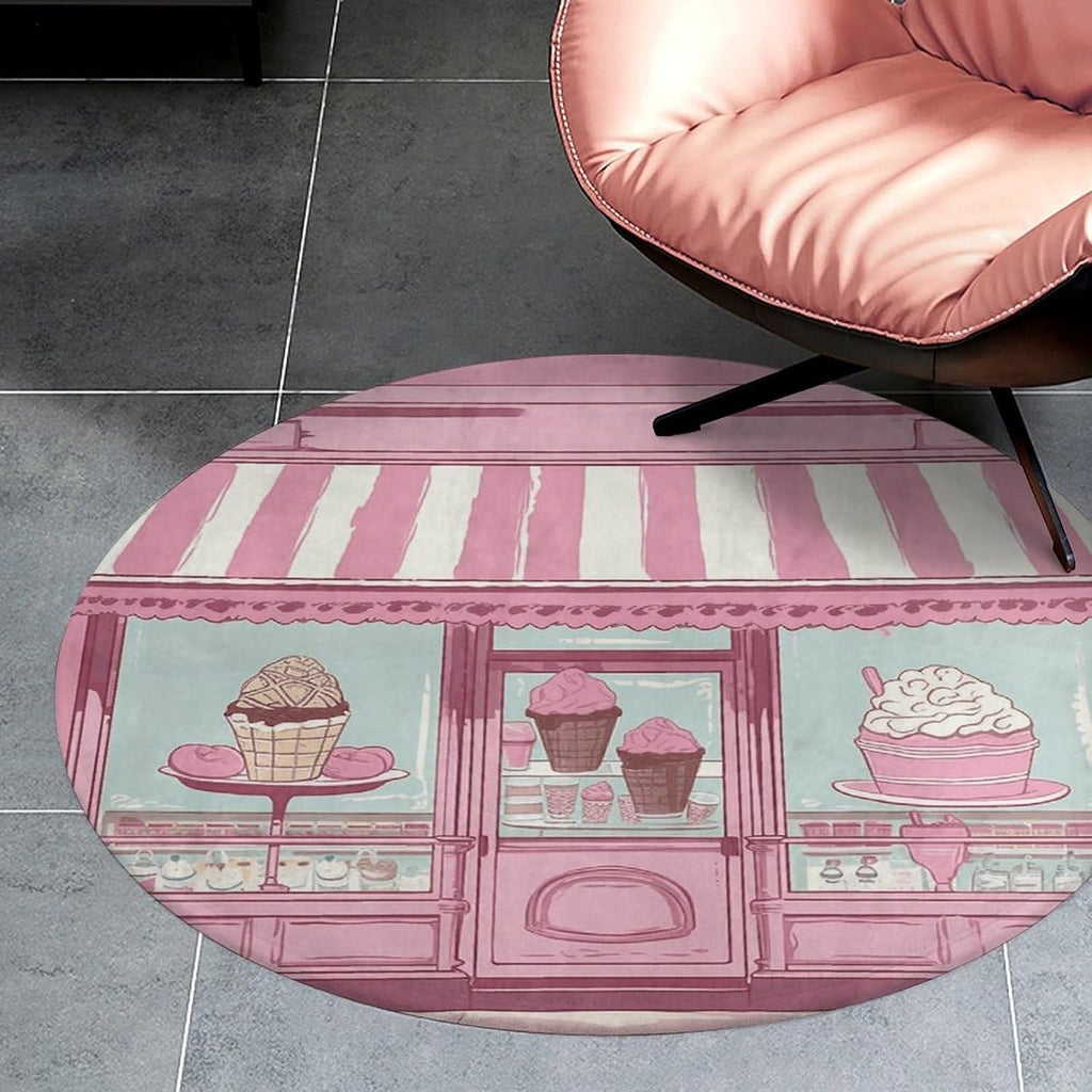 Ice Cream Store Pink Coral Velvet Round Floor Mat Non-Slip Bath Rug Floor Covering for Bathroom Vanity Guest Suite & Vacation Home