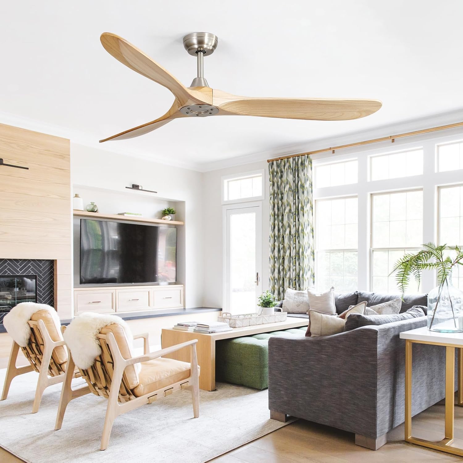 Sofucor 60 Inch Ceiling Fan No Lights, Solid Wood Ceiling Fans without Lights Remote Control, Indoor/Outdoor Ceiling Fans with Quite DC Motor for Living Room Bedroom Farmhouse Patio