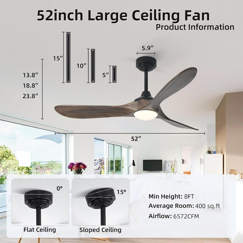 52' Outdoor Ceiling Fan with Light, Compatible with Alexa/Google, 3 Walnut Solid Wood Blade, Noiseless Reversible Dc Motor, Smart Outdoor Wood Ceiling Fan for Farmhouse Patios, Dark Brown