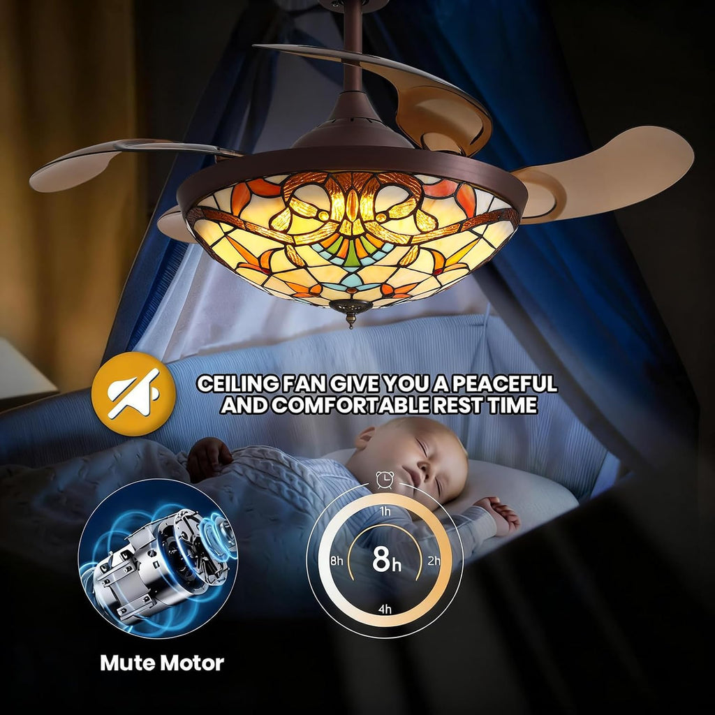 Siljoy 42' Tiffany Ceiling Fan with Lights, Stained Glass Ceiling Fan Vintage Ceiling Fan with Remote Control Dimmable Fandelier with 4 Retractable Reverse Blades for Bedroom, Living and Dining Room