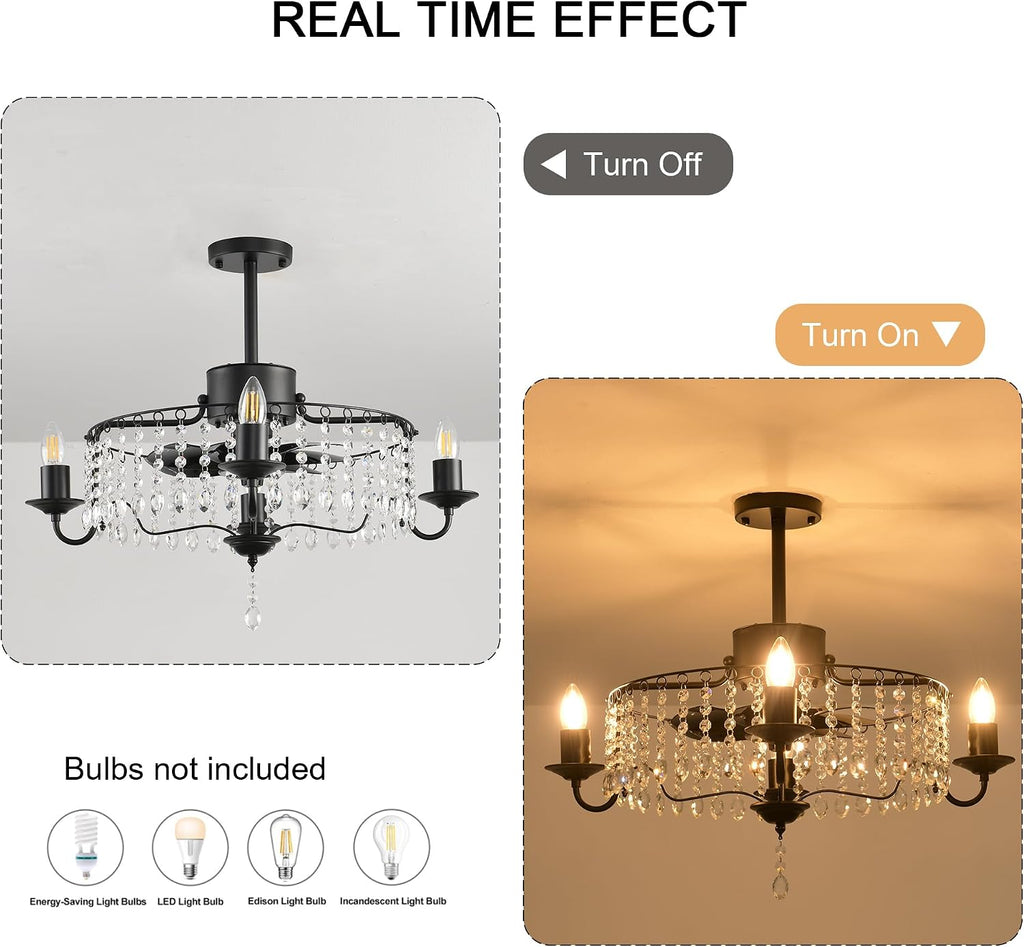Garwarm 20in Ceiling Fans with Lights,Black Crystal Fandelier Bladeless Industrial Ceiling Fan with Remote,Flush Mount Ceiling Fan Lights for Bedroom Kitchen
