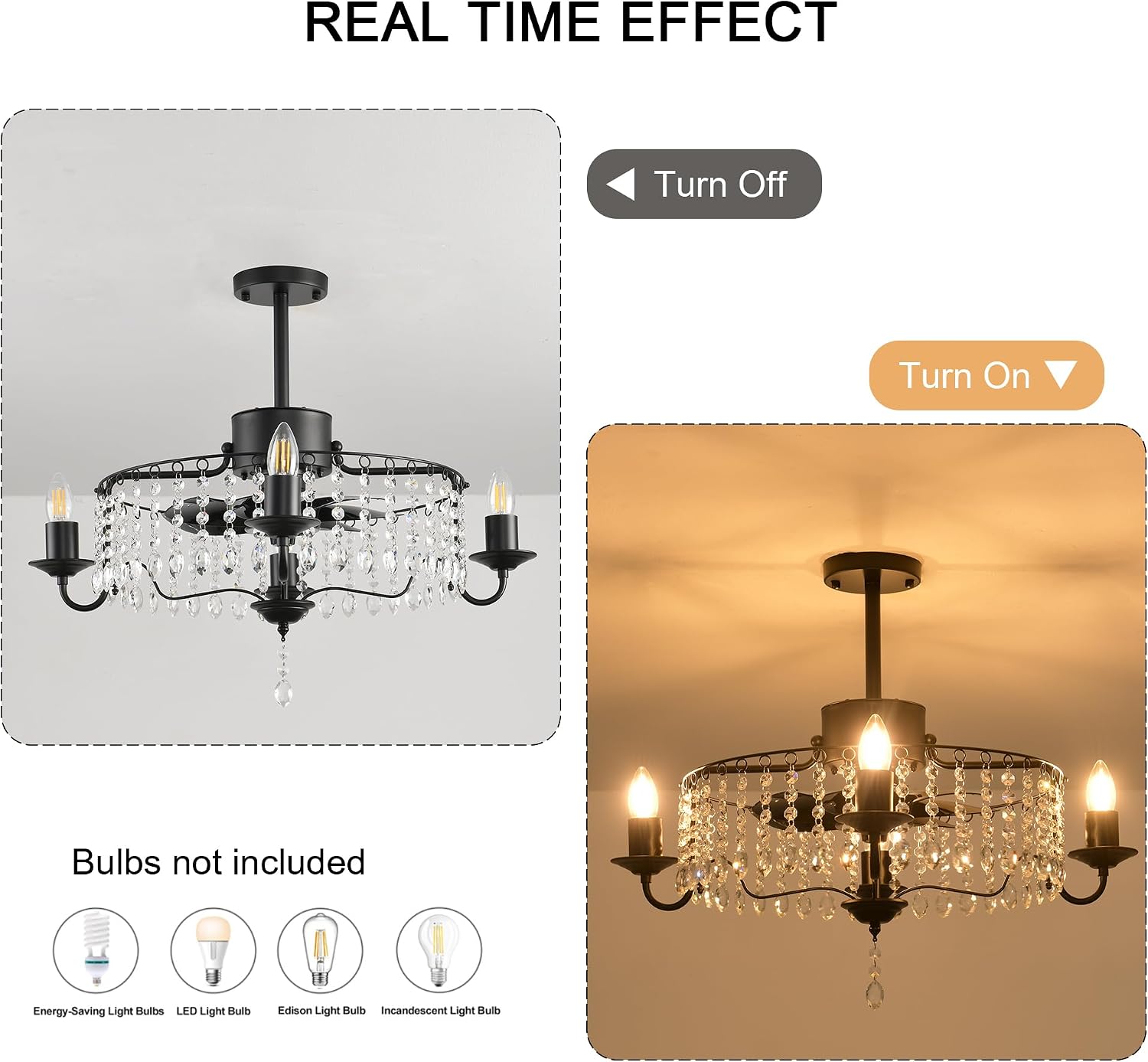 Garwarm 20in Ceiling Fans with Lights,Black Crystal Fandelier Bladeless Industrial Ceiling Fan with Remote,Flush Mount Ceiling Fan Lights for Bedroom Kitchen