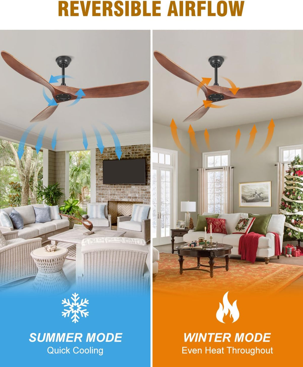 52 Inch Ceiling Fans Without Lights, Indoor/Outdoor Ceiling Fan No Light, 3 Solid Wood Blades, 3 Downrods, Timer, Quiet DC Motor, 6 Speeds Modern Fans with Remote for Patios Bedroom, Dark Walnut