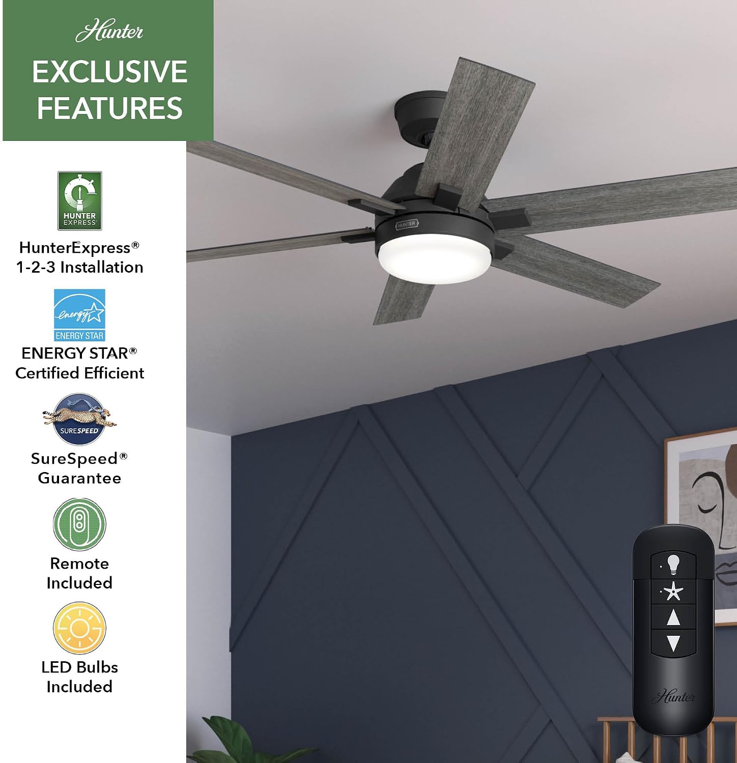 Hunter Fan 52 inch Matte Black Indoor Ceiling Fan with Light and Remote for Bedroom, Large Room/Great Room, Dining Room, Kitchen, Office (Renewed)
