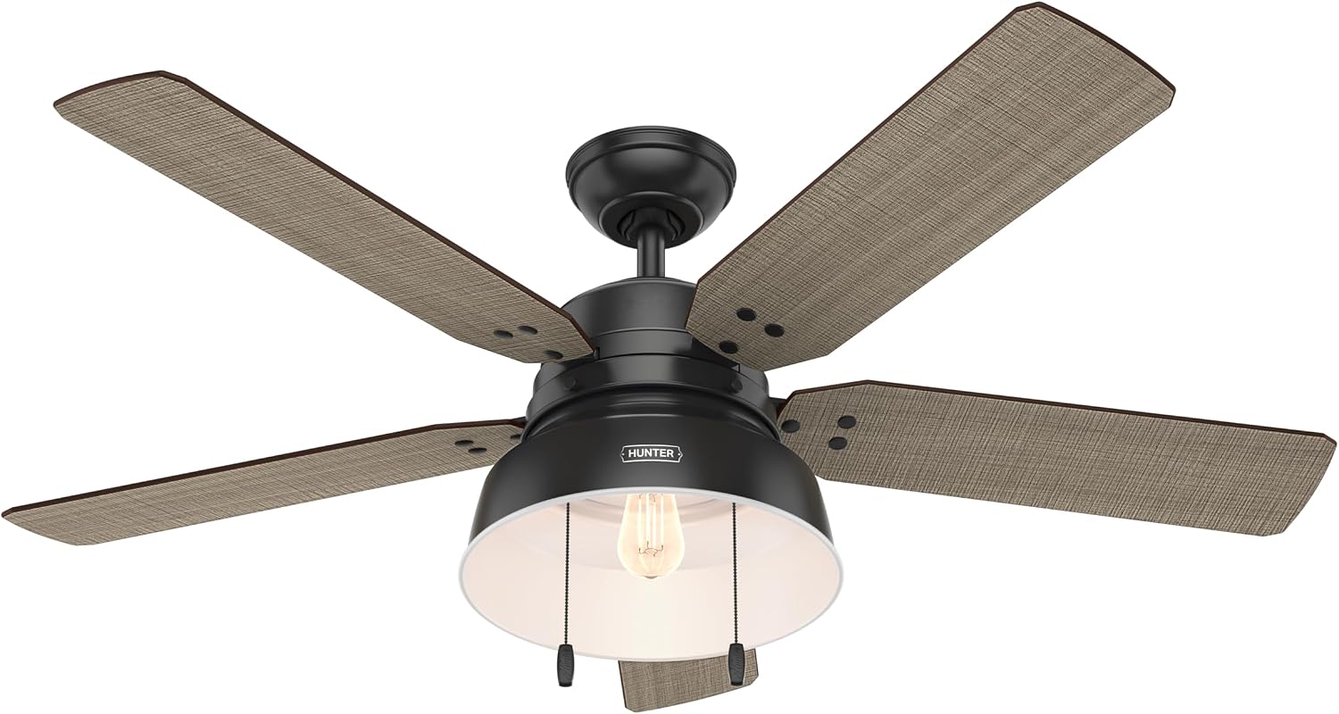 Hunter 52 inch Outdoor or Indoor Ceiling Fan with LED Light - Black Rustic Ceiling Fan with Pull Chain, For Bedroom, Living Room, or Patio, Standard Mount, No Remote - Mill Valley 59307, Matte Black