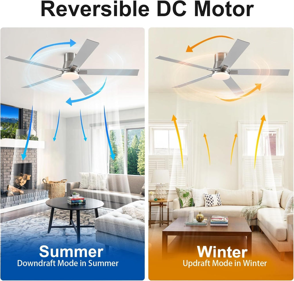 60 Inch Flush Mount Brushed Nickel Ceiling Fans with Lights and Remote | 6 Speed Reversible DC motor,3-color temperature dimmable LED.For indoor/covered outdoor.Modern style for bedroom room