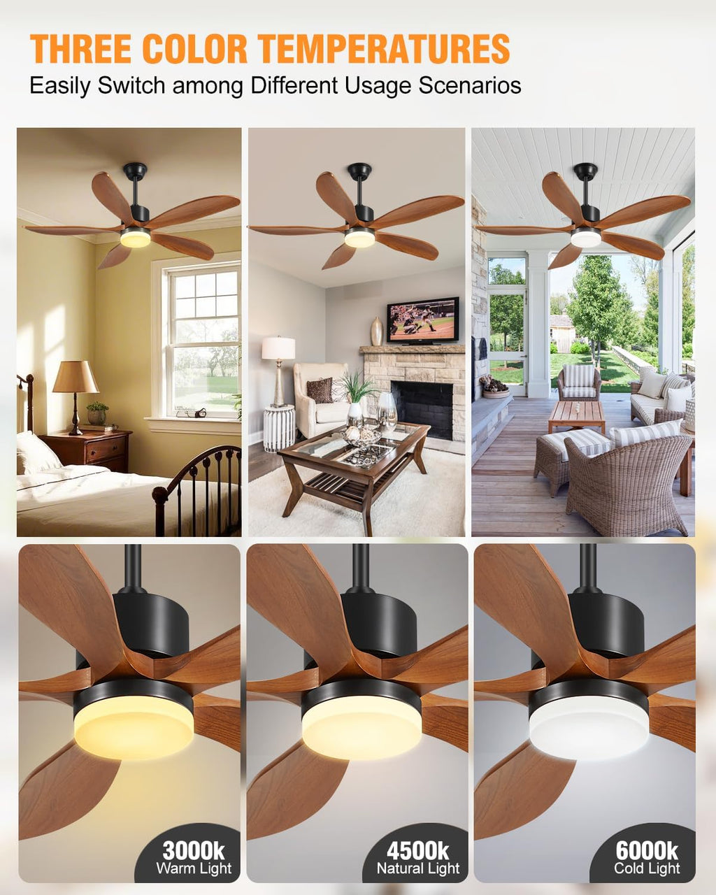 Yahada 52 Inch Ceiling Fans with Lights and Remote, USA Original Patent Outdoor Ceiling Fan, 5 Wood Blades, 3 Downrods, Timer, 6 Speeds ETL DC Motor Fans for Patios Porch Indoor Bedroom, Brown