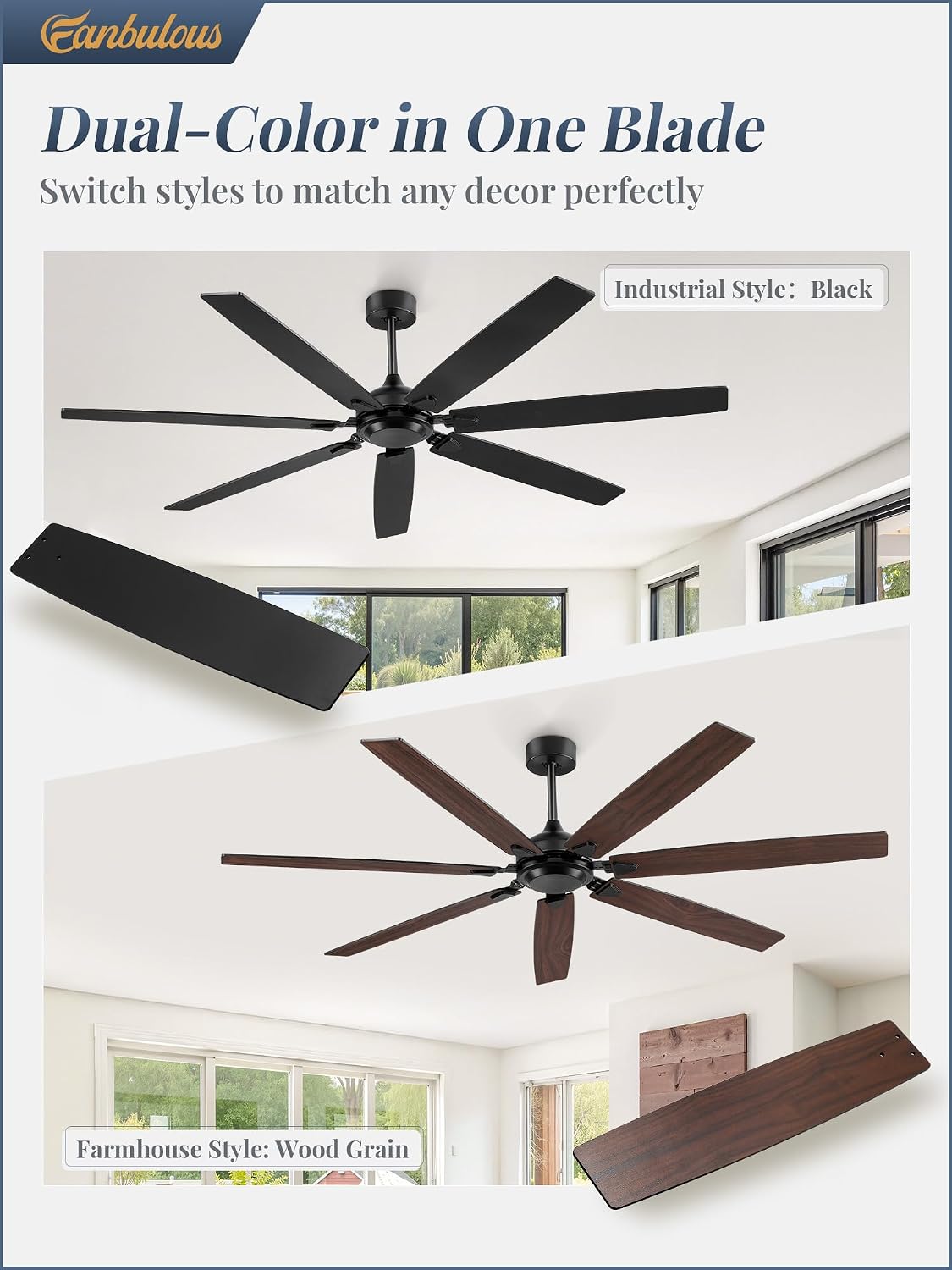 72 Inch Ceiling Fan No Light with Remote Control, Black Ceiling Fans Without Light With 6-Speeds Quiet Reversible DC Motor, Indoor/Outdoor Ceiling Fan with Dual Finish 7 Blades for Patio Living Room
