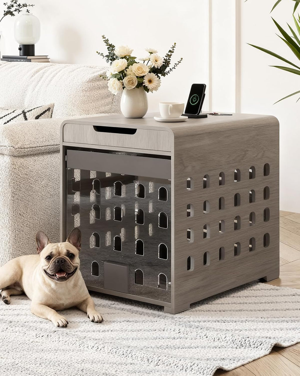 Modern Dog Crate Furniture with Charging Station Medium Kennel Indoor with Flip-up Hidden Acrylic Door for Small and Medium Breeds up to 50lb Wood Pet End Side Table Cage, Grey