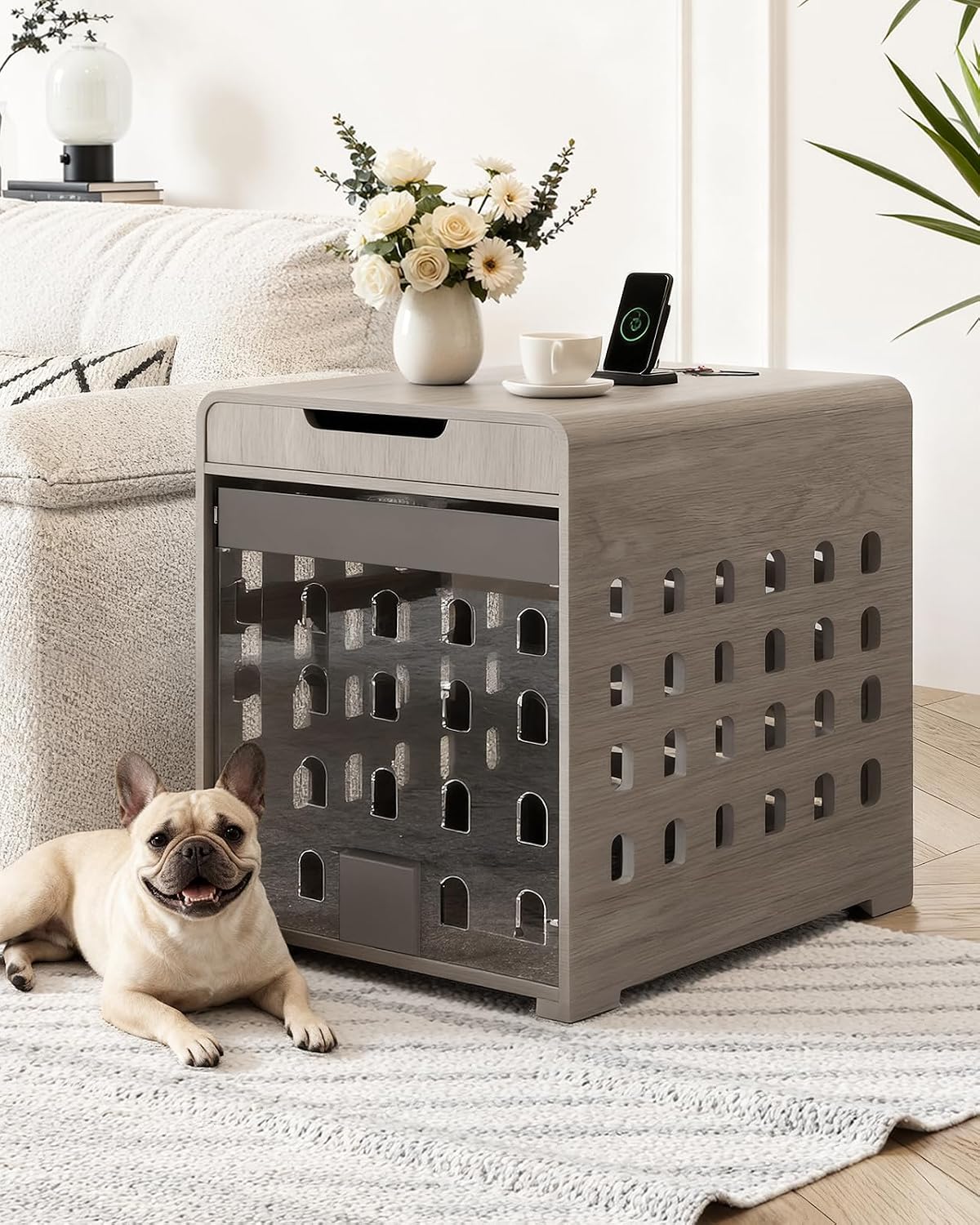 Modern Dog Crate Furniture with Charging Station Medium Kennel Indoor with Flip-up Hidden Acrylic Door for Small and Medium Breeds up to 50lb Wood Pet End Side Table Cage, Grey