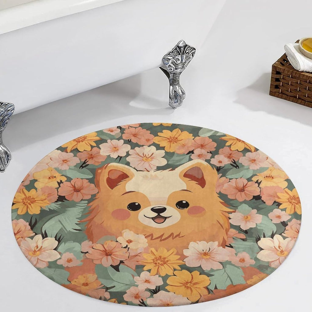 Pomeranians Cartoon Flowers Coral Velvet Round Floor Mat Non-Slip Bath Rug Floor Covering for Bathroom Vanity Guest Suite & Vacation Home