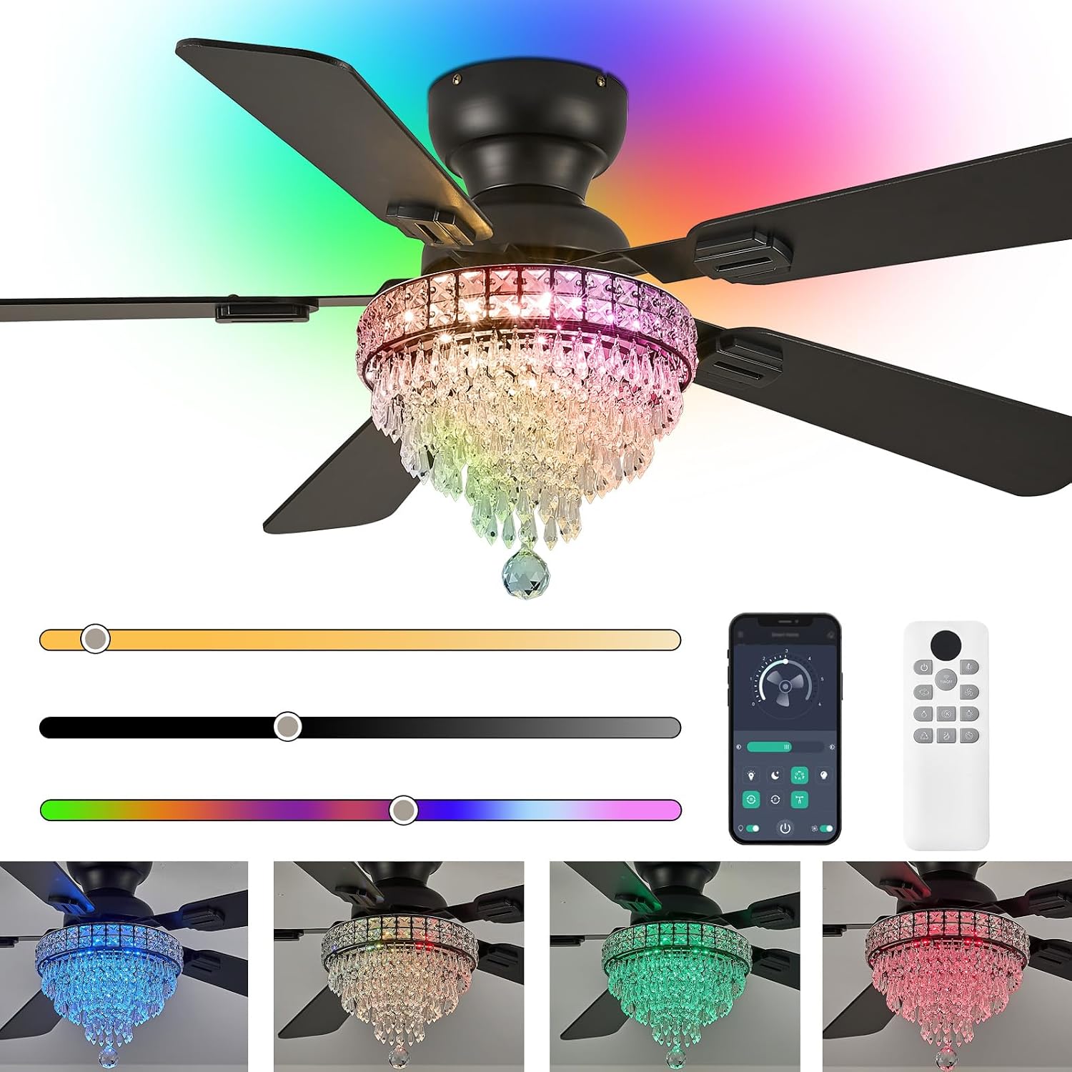 52' Crystal Ceiling Fans with RGB Lights, Remote/App Control, Modern Fandelier Flush Mount, Reversible DC Motor, Dimmable, Noiseless Ceiling Fan for Bedroom, Living Room (Black)