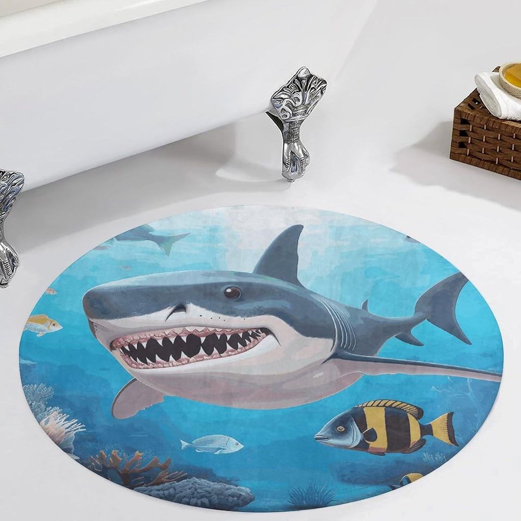 Shark Ocean Theme Coral Velvet Round Floor Mat Non-Slip Bath Rug Floor Covering for Bathroom Vanity Guest Suite & Vacation Home