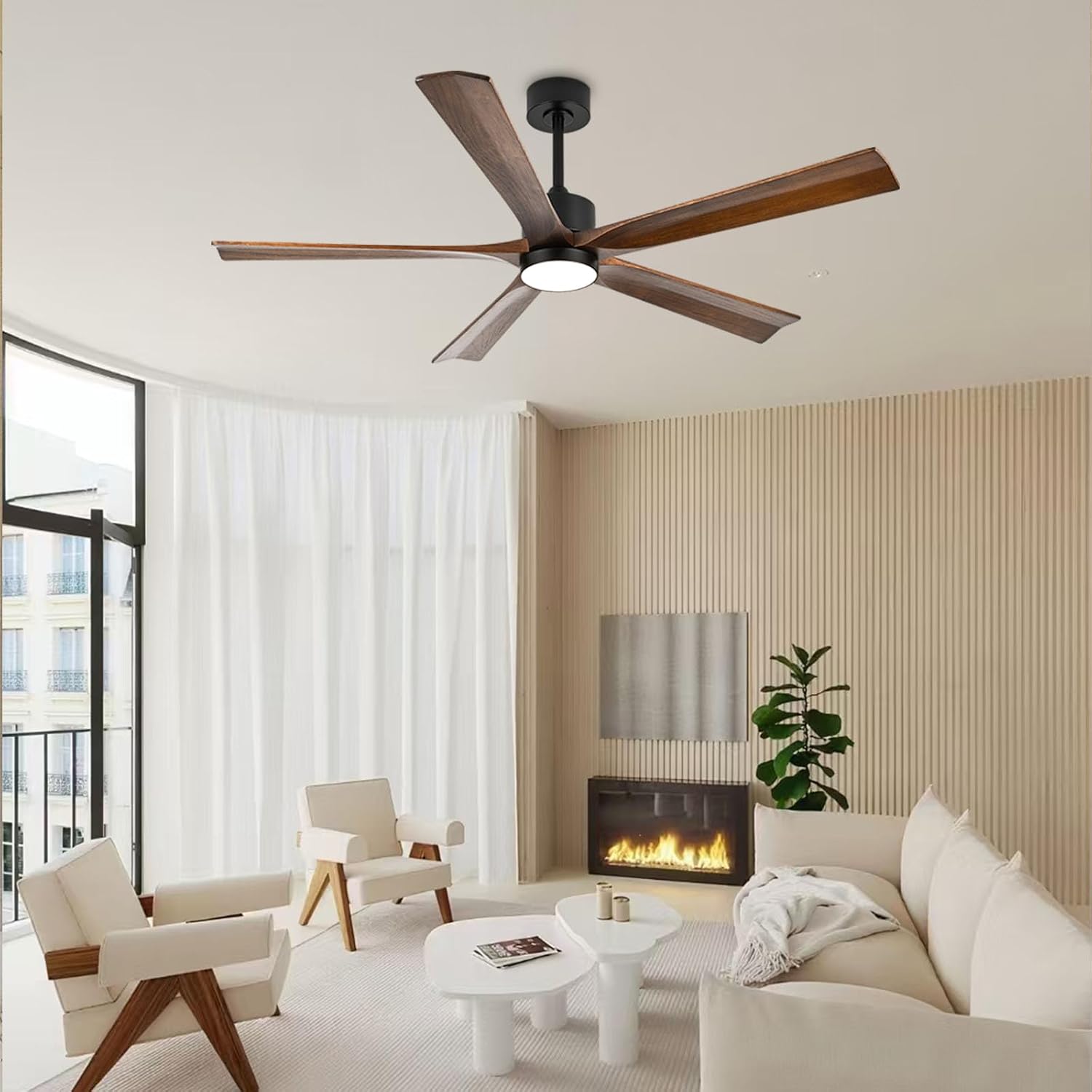 heimo 60 Inch Ceiling Fans with Lights and Remote, Wood Indoor Outdoor Ceiling Fan with Light for Patios Living Room Bedroom 5 Blades Large Mid Century Modern Ceiling Fan (Walnut)