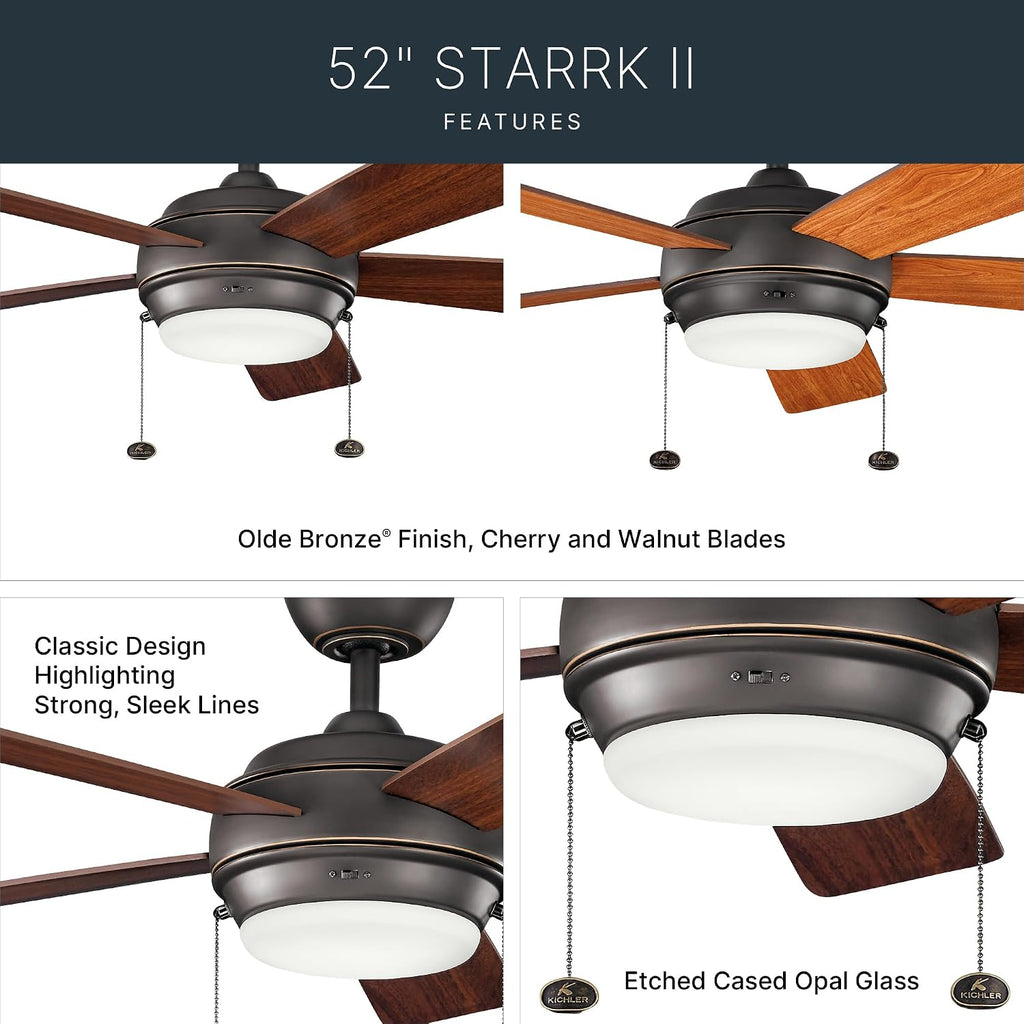 KICHLER 330174OZ Protruding Mount, 5 WALNUT/CHERRY Blades Ceiling fan with 53 watts light, Old Bronze