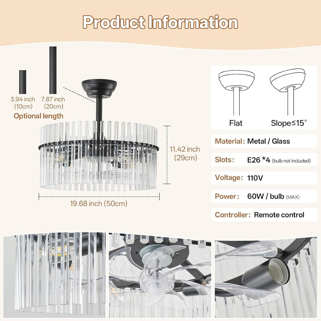 20' Black Crystal Fandelier Ceiling Fans with Lights, Black Crystal Chandelier Ceiling Fan with Light Remote Control, 6 Speeds for Bedroom, Living Room, Nursery