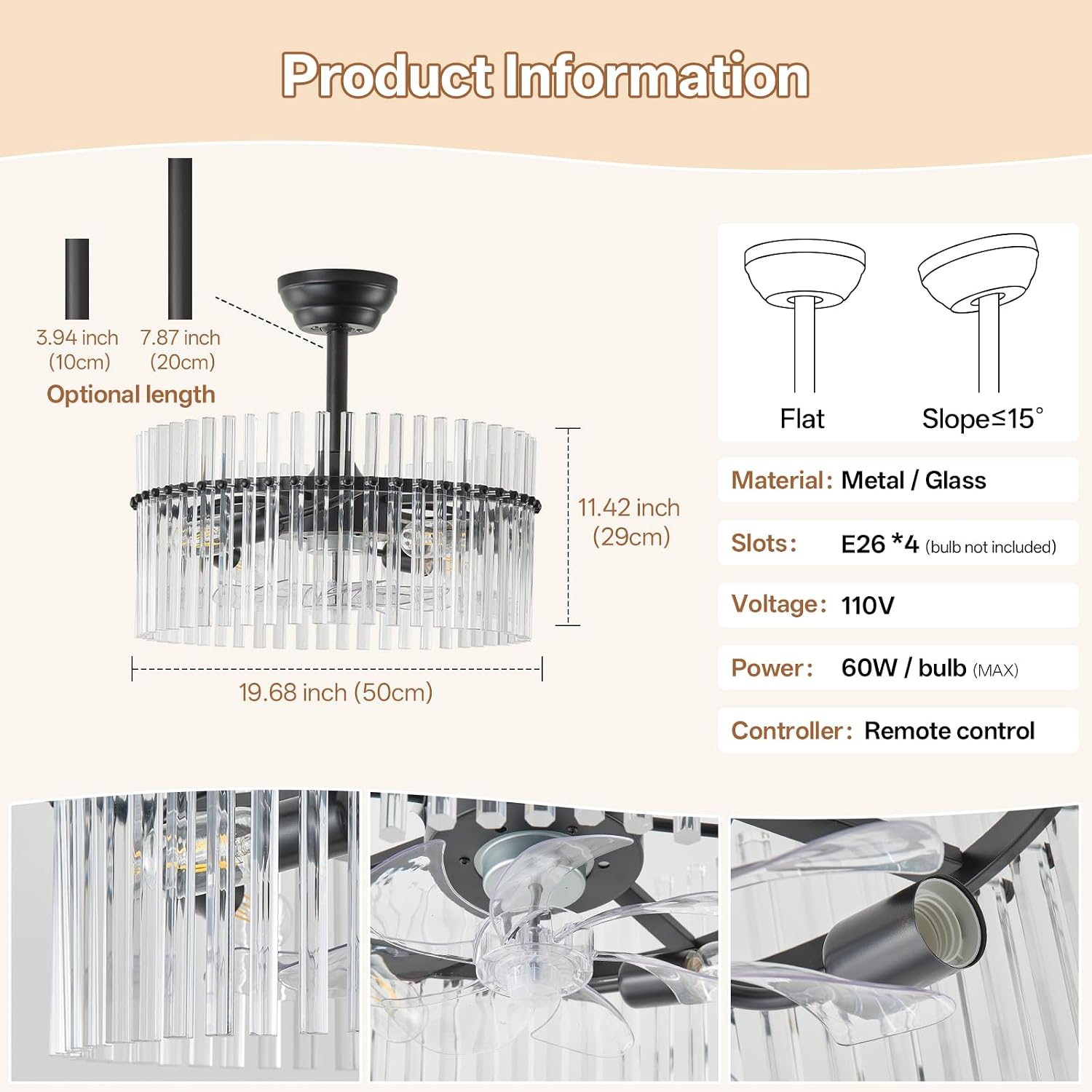 20' Black Crystal Fandelier Ceiling Fans with Lights, Black Crystal Chandelier Ceiling Fan with Light Remote Control, 6 Speeds for Bedroom, Living Room, Nursery