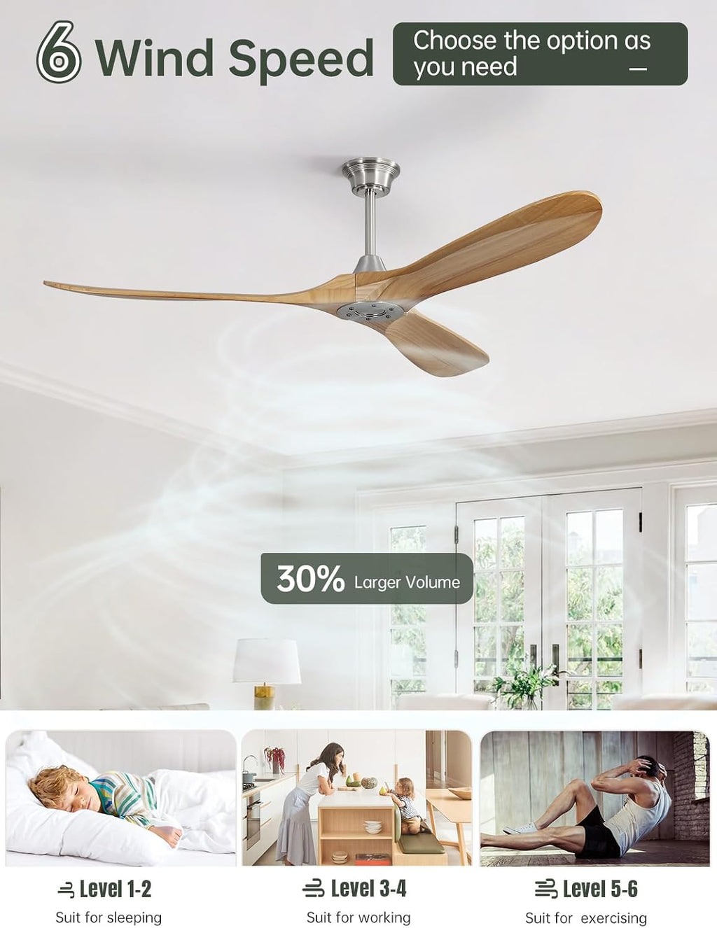 Sofucor 60 Inch Ceiling Fans No Light-Outdoor Ceiling Fan with Remote Control, 3 Blade Reversible DC Motor, Modern Wood Ceiling Fan Without Light for Bedroom Patios,Brushed Nickel&Natural Wood