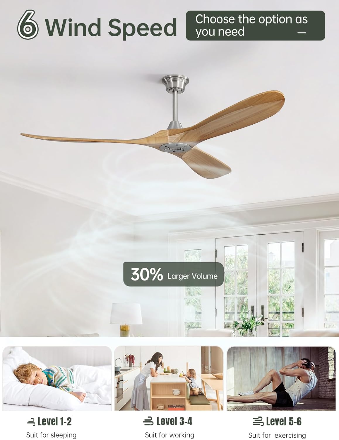 Sofucor 60 Inch Ceiling Fans No Light-Outdoor Ceiling Fan with Remote Control, 3 Blade Reversible DC Motor, Modern Wood Ceiling Fan Without Light for Bedroom Patios,Brushed Nickel&Natural Wood