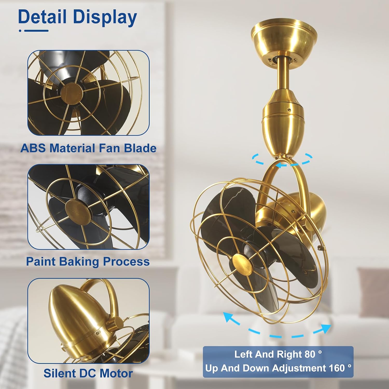 Depuley Oscillating Ceiling Fan with Remote: Gold and Black Wall Mount Fan Ceiling for Patio - Caged Outdoor Wall Fan for Indoor Bedroom Kitchen - 80° Oscillation 100° Adjustable