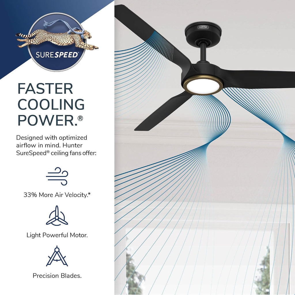 Hunter 52' ZenTech Outdoor Smart Ceiling Fan, LED Light, Remote, Black | ENERGY STAR certified with Apple, Google, Alexa support and covered outdoor use for bedrooms, living rooms, or patios.