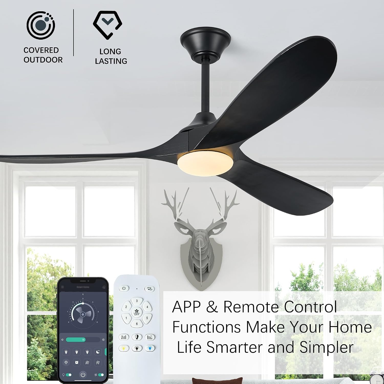 Wood Ceiling Fans with Lights and Remote, 60' Black Modern Ceiling Fan with 3 Wooden Blades, Timer and Memory Function, Outdoor Ceiling Fan with Light for Patios, Indoor, Living Room