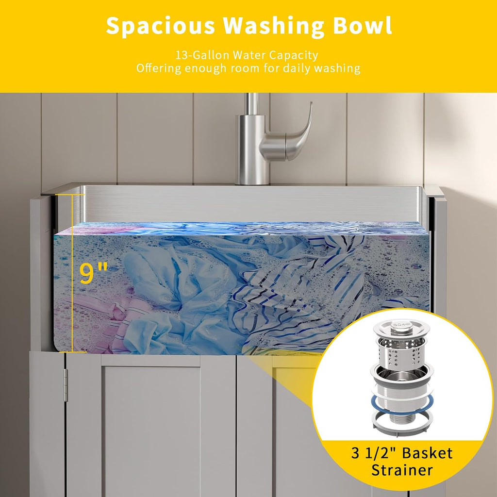 VINGLI 24-Inch Laundry Sink with Cabinet and Pull-Out Sprayer Faucet, Stainless Steel Utility Sink with Cabinet, Grey Cabinet with Sink for Laundry & Utility Room, Kitchen, Bathroom, Basement