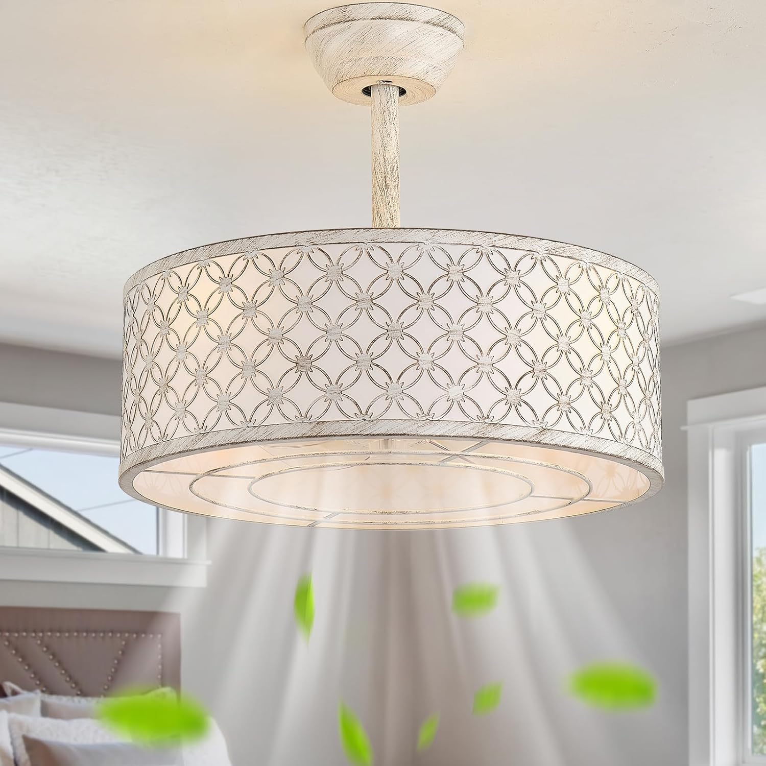 White Fandelier Ceiling Fan with Light, 20' Caged White Chandelier Ceiling Fans with Lights Remote Control, Fabric Mid-Century Modern with 6 Speeds for Bedroom, Nursery, Living Room.