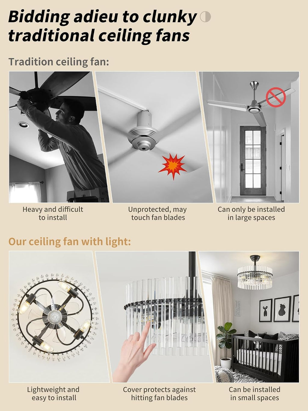SYDACG 20' Black and Clear Crystal Fandelier Ceiling Fan with Light, Mid-Century Chandelier Ceiling Fan with Light Remote Control, 6 Speeds for Bedroom, Nursery, Living Room