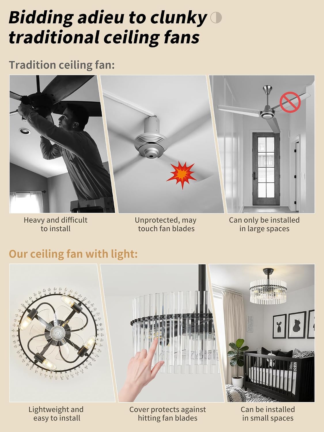 SYDACG 20' Black and Clear Crystal Fandelier Ceiling Fan with Light, Mid-Century Chandelier Ceiling Fan with Light Remote Control, 6 Speeds for Bedroom, Nursery, Living Room