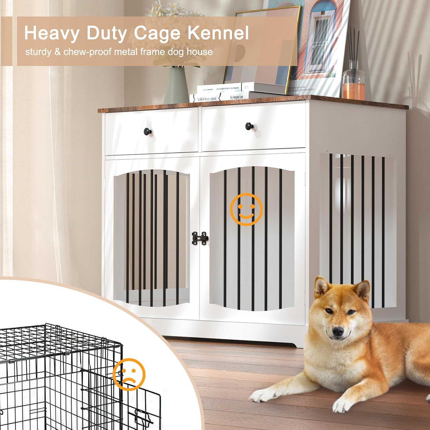 BREEZEHEAT Dog Crate Furniture with Drawers-Farmhouse Dog Kennel, White, 40 inch