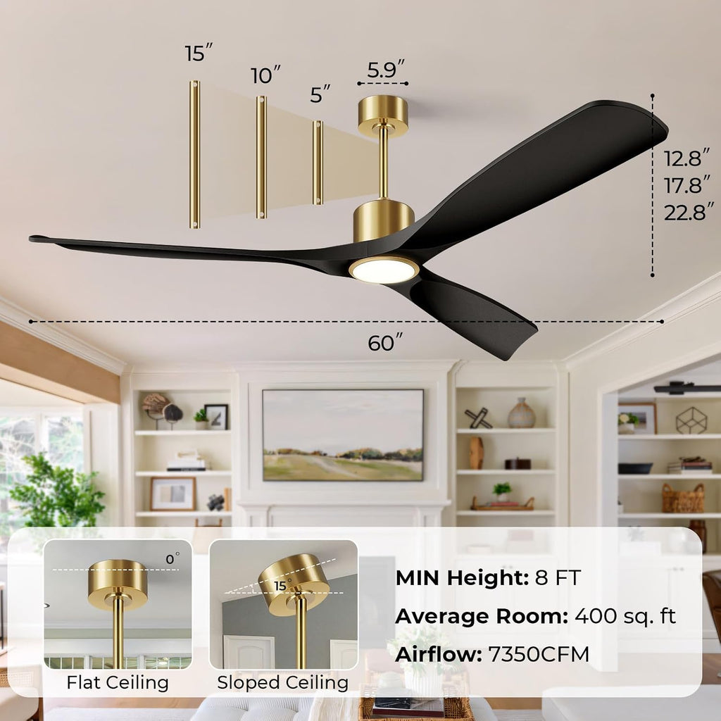 Ceiling Fans with Lights, Ceiling Fans with Lights and Remote Control, 60 inch Ceiling Fan with Light, Outdoor Ceiling Fans for Patios 3 Blade Bedroom Living Room-Matte Black and Gold