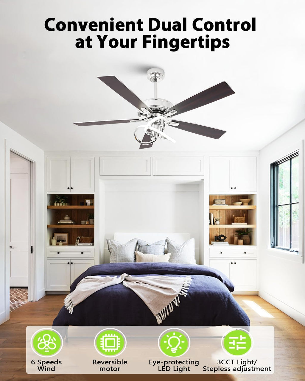 52 Inch Ceiling Fans with Lights, Creative Modern Silver Ceiling Fan and Remote, 3CCT, 6 Speeds, Quiet, Dual-Sided Reversible 5 Blades Indoor Outdoor Chandelier Fan for Bedroom Living Room