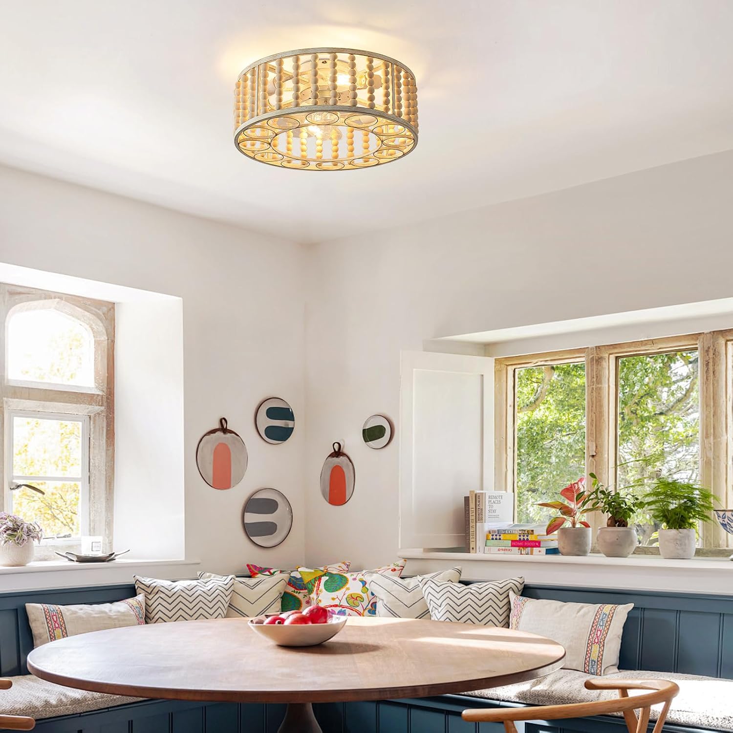20' Boho Ceiling Fan with Light: Wood Beaded Caged Ceiling Fans with Lights Flush Mount,Remote and Reversible 6 Speeds Fandelier for Bedroom, Kitchen, Living Room,E26 Base No Bulb.