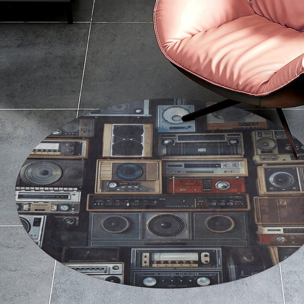 Vintage Wall of Radio Boombox Coral Velvet Round Floor Mat Non-Slip Bath Rug Floor Covering for Bathroom Vanity Guest Suite & Vacation Home