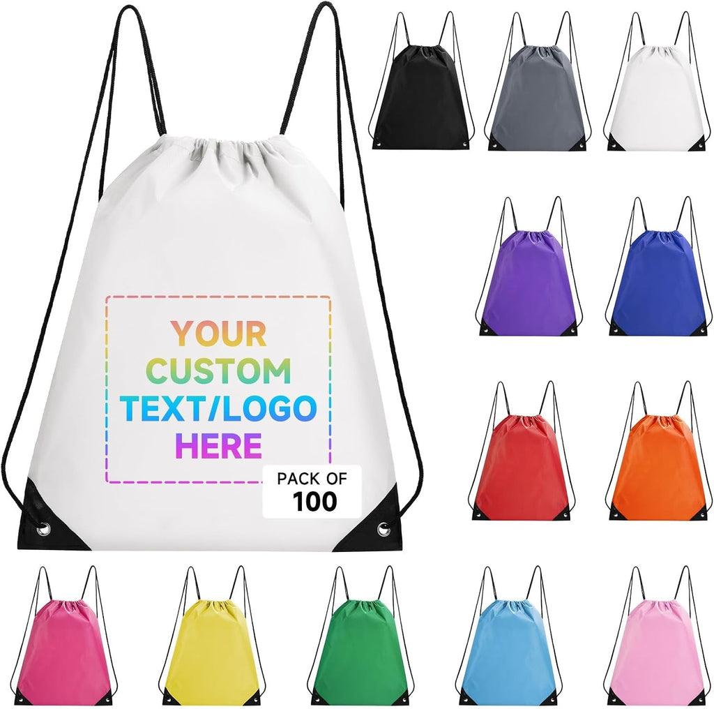 Custom Bags With Logo 100 Pack,Promotional Items Personalized Drawstring Backpack Bags Great for Gym and Everyday Use (White)