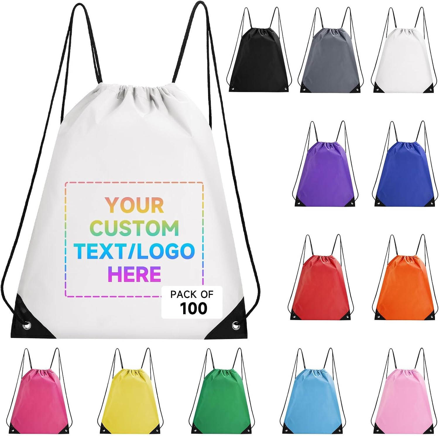 Custom Bags With Logo 100 Pack,Promotional Items Personalized Drawstring Backpack Bags Great for Gym and Everyday Use (White)