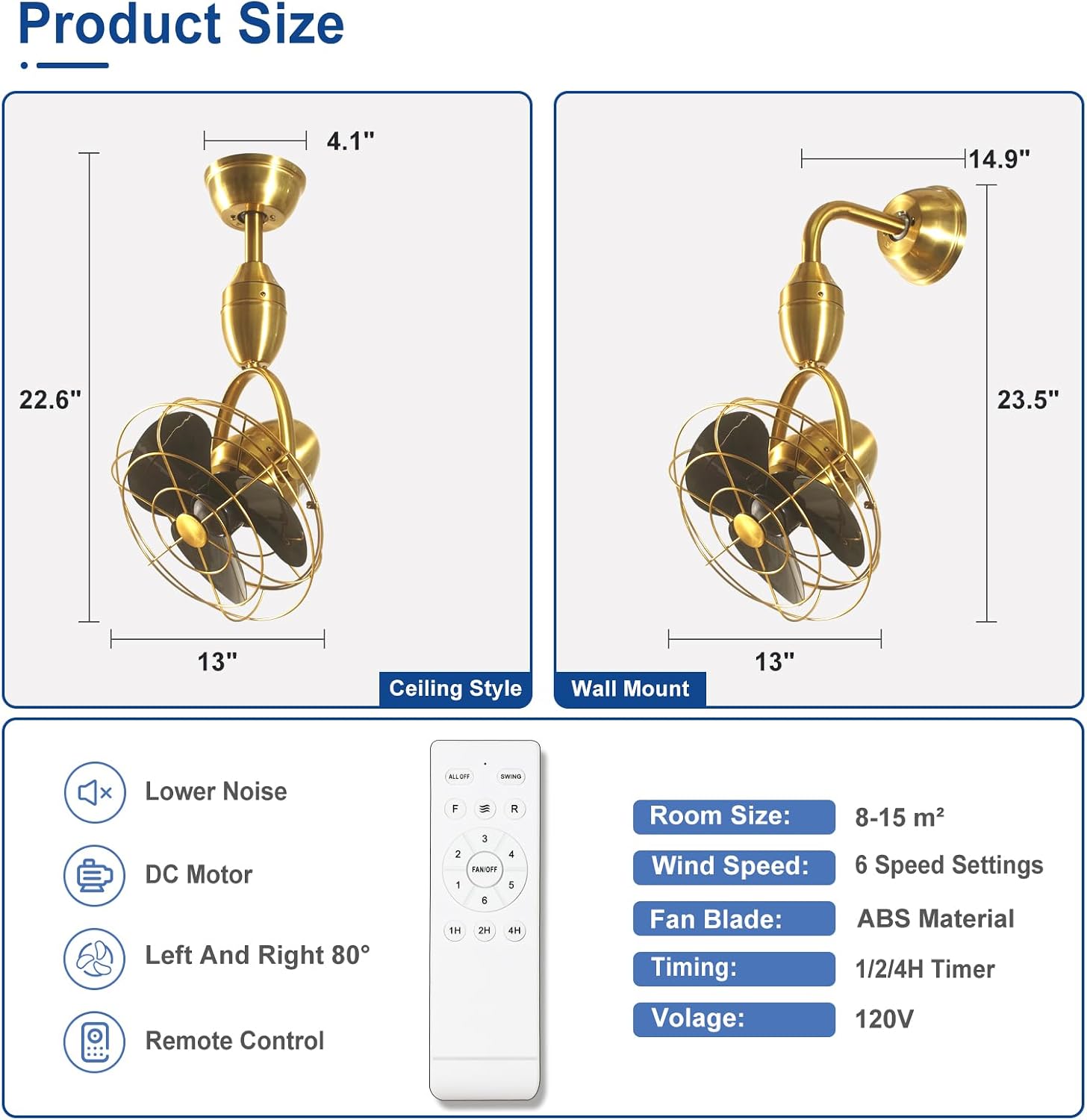 Depuley Oscillating Ceiling Fan with Remote: Gold and Black Wall Mount Fan Ceiling for Patio - Caged Outdoor Wall Fan for Indoor Bedroom Kitchen - 80° Oscillation 100° Adjustable