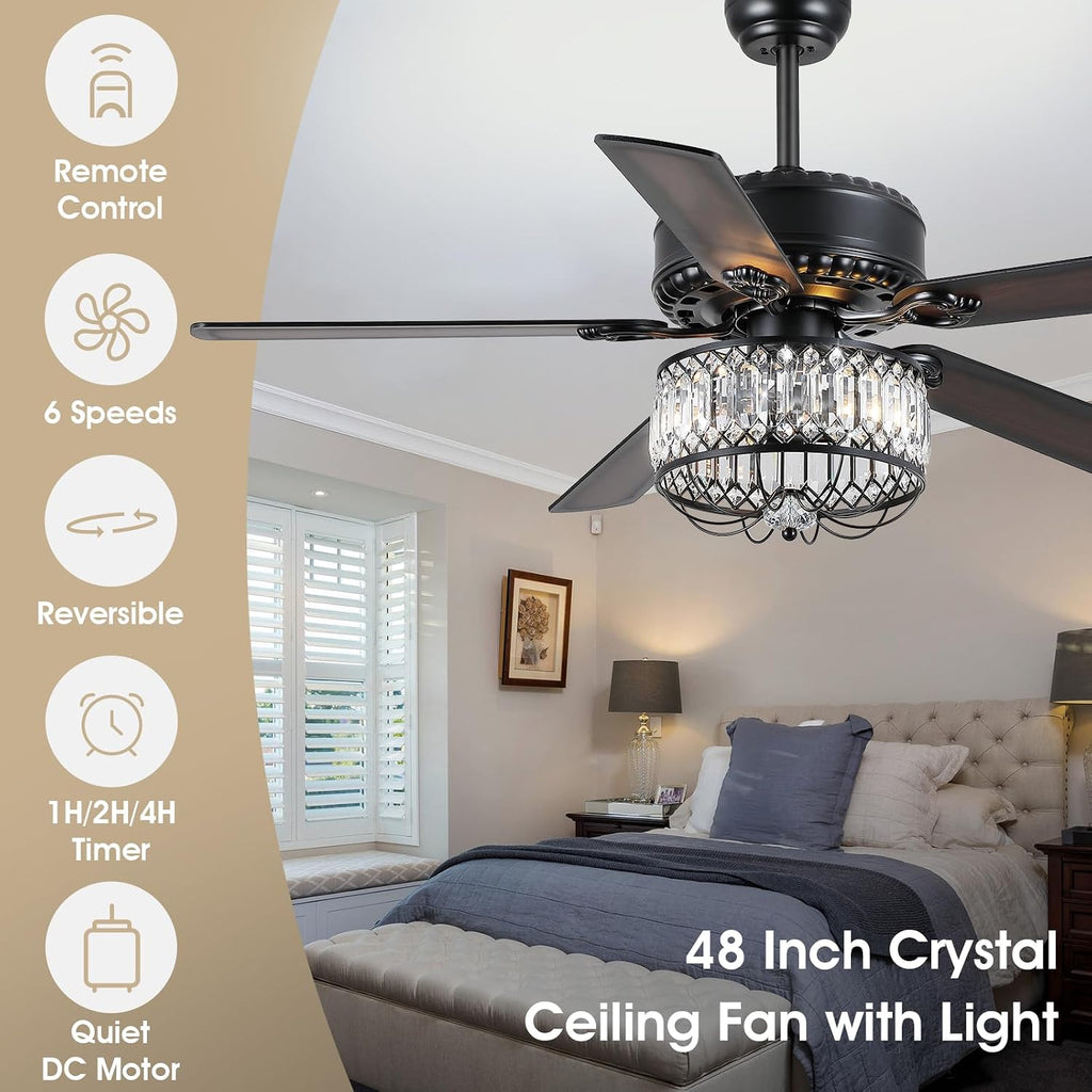Kviflon Farmhouse Crystal Ceiling Fans with Lights and Remote, 52 Inch Chandelier Ceiling Fans, Black Fandelier Ceiling Fan for Bedroom Living Room, Quiet DC Motor, Reversible, Bulb not Included